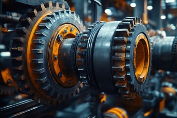 Poster - Close up of industrial gears rotating in a factory setting