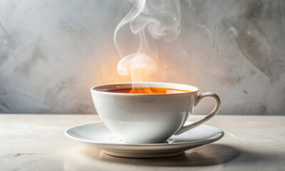 Wall Mural - white porcelain cup with hot tea on a minimalistic light background