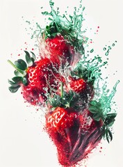 Wall Mural - the illustration of strawberries splashing in water features vibrant red and green colors, with
