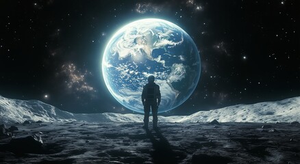 Wall Mural - astronaut standing on lunar surface gazing at earth and distant planet in a cosmic landscape
