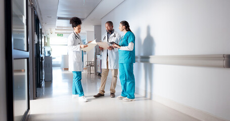 Aufkleber - Hospital, meeting and doctors in hallway with notes for consulting, patient results and planning. Healthcare, collaboration and man and women with medical service, diagnosis and help in clinic