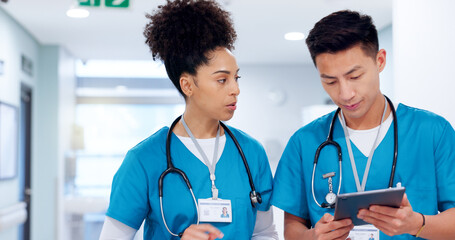 Poster - Teamwork, people and surgeon on tablet for test results, medical update and appointment booking. Clinic, research or doctors with touchscreen for online report, schedule or health app at hospital