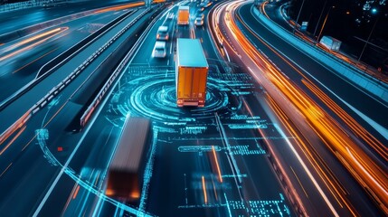 Wall Mural - An AI powered system enhancing transportation logistics by analyzing traffic patterns, delivery routes, and vehicle performance to optimize fleet management and reduce fuel consumption