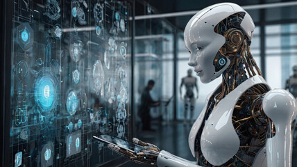 futuristic robot artificial intelligence humanoid ai with tablet in her hand programming coding tech