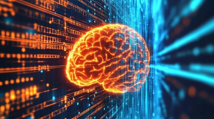 Neon-rendered brain against a digital background of binary code and glowing circuits, symbolizing artificial intelligence and futuristic neural networks.. AI Generation. AI Generation