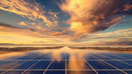 Expansive solar panel array under dramatic sunset sky - renewable energy concept