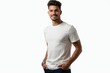 © ThomasLENNE - Half-Length (Waist-Up) portrait of young stylish smiling Sao Tomean male model in casual wear isolated on pure white background looking at camera