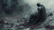 © Thiago - Desolate eclipse: cinematic dark fantasy artwork of withered flowers and scattered armor pieces. Echoing Incubation. Illustration