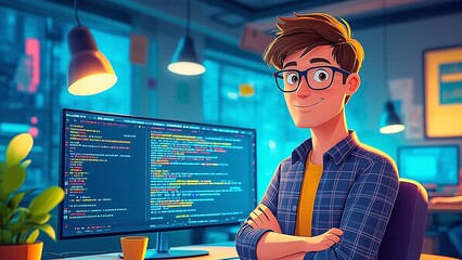 Animated programmer smiles before code displaying development environment in office setting indoors