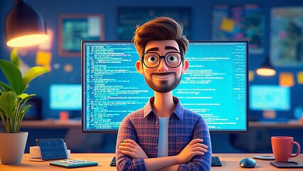 Cartoon coder smiles coding onscreen indoors