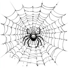 Black Spider in Detailed Web with Dewdrops Halloween Illustration Design