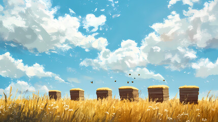 Wall Mural - A row of beehives in a field of tall grass with a blue sky and puffy clouds, creating a serene and picturesque landscape. Serene Pupation. Illustration