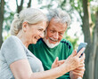 © Lumos sp - woman man outdoor senior couple happy lifestyle retirement together  love fun elderly active mobile smartphone communication phone sport active activity fitness outfit training healthy