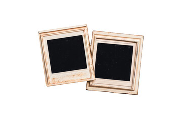 Wall Mural - two aged white frames, empty photos, isolated on black background, cut out transparent