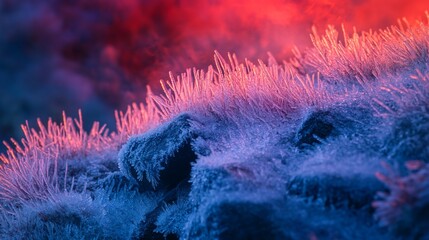 Wall Mural - close-up of frost crystals on rocks at sunset, vibrant red and blue hues.