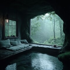 Aufkleber - Cave Interior With Window View Of Green Forest With Stone Seating Pillows And Water Pool Reflecting Soft Light