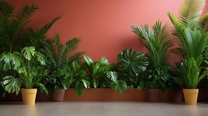Aufkleber - Vibrant Green Tropical Plants In Yellow And Brown Pots Against An Orange Textured Wall Creating Lush Indoor Display