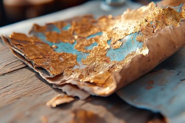 Leinwandbilder - Close up shot of Golden Texture on Torn Paper on Wooden Surface with Blurred Background