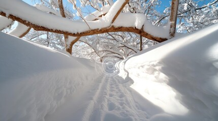 Aufkleber - Snow Covered Forest Path Leading Into the Winter Distance Under Bright Sunlight With Tree Branches and White Snow