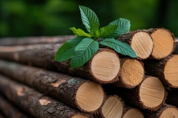 Poster - Close Up View Of Stacked Logs With Fresh Green Leaves Growing From Top Against Blurred Green Background