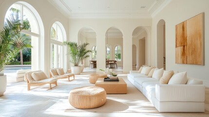 Poster - Spacious White Living Room With Arched Doorways and Pool View Featuring Modern Furniture and Natural Light