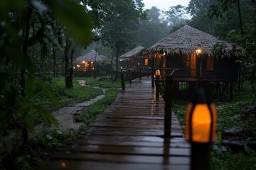 Poster - Rainy Forest Scene with Wooden Walkway Leading to Thatched Roof Cabins Lit by Lanterns