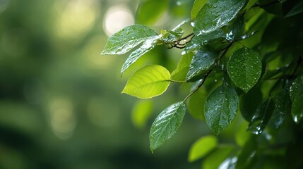 Poster - Close Up Of Wet Green Leaves With Raindrops And Blurred Natural Background Under Sunlight