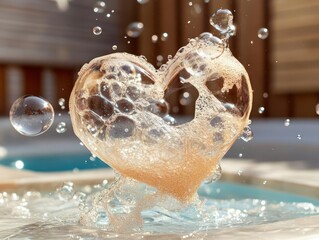 Poster - Transparent Water Heart Sculpture with Bubbles and Droplets Against a Blurred Pool and Sunlight Background