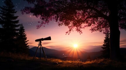 Poster - Sunset Landscape With Telescope Under Starry Sky Silhouette Trees in a Serene Outdoor Setting