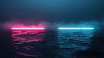Fototapete - Abstract Neon Lit Ocean Scene Featuring Pink And Blue Glowing Bars With Misty Atmosphere