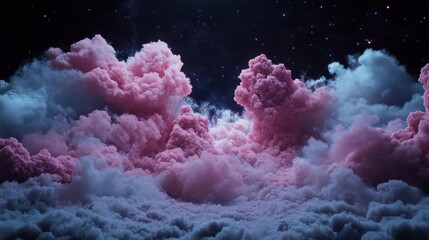 Fototapete - Pink And White Fluffy Clouds In A Dark Starry Sky With Abstract Texture And Soft Lighting