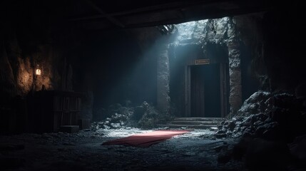 Fototapete - Dimly Lit Stone Interior With Ornate Doorway and Red Rug Illuminated by Dramatic Light