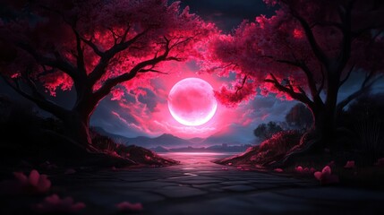 Poster - Pink Moon Shining Through Cherry Blossom Trees Over A Lake In Dark Night