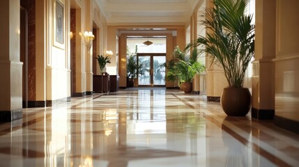 Poster - Luxurious Hallway Interior With Polished Marble Floor and Potted Plants Under Bright Sunlight