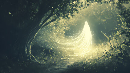 Wall Mural - ethereal light forming the shape of a ghostly spirit in a woodland setting. ghostly light. illustrat