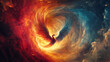 © Thiago - A mystical phoenix materializes in a swirling vortex of colors with an otherworldly aura, abstract background phoenix, colorful aura. Otherworldly Aura. Illustration