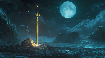 Wall Mural - mystical golden stone sword