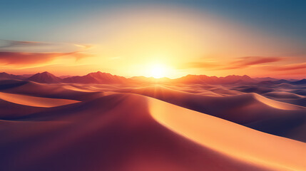 Wall Mural - Majestic sunrise over desert mirage with dunes and glowing sunlight for background design. Mirage Glow. Illustration