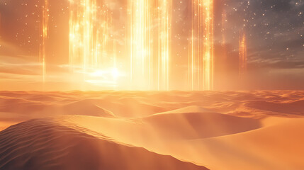 Wall Mural - surreal sunlit desert mirage scene with sand dunes and ethereal light beams. mirage glow. illustrati
