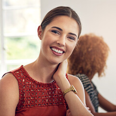 Aufkleber - Designer, portrait and happy woman in startup for meeting, skill development and confidence. Brainstorming, smile and creative female person in workplace for project, planning or coworking in office