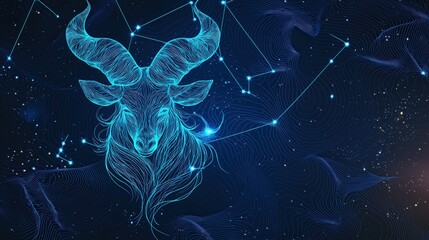 Celestial goat illustration with glowing constellations and starry background