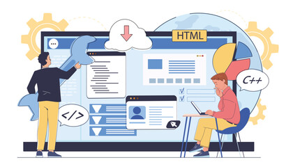 Two developers interact with coding elements on a large screen, surrounded by icons and charts, on a white background. Concept of programming and web development. Vector illustration