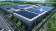 © yang - Aerial view of modern large-scale data center with sustainable energy solutions, solar panels on rooftop and green environment surrounding high-tech facility.