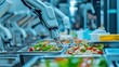 © aubriella - A robotic arm in a high tech food processing plant, assembling automated vegetable cutting machines with precision for organic food production, Food-tech style