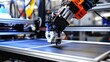 © aubriella - A robotic arm in a large scale printing facility, assembling 3D printers for rapid prototyping with AI-powered accuracy, Printing-tech style