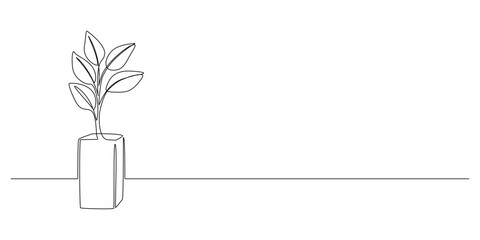 Aufkleber - House plant in pot in one continuous line drawing. Flower in flowerpot for hygge scandinavian decor apartment in simple linear style. Editable stroke. Doodle monoline vector illustration