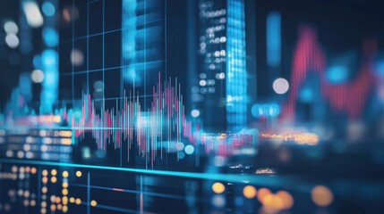 Poster - A city skyline with a graph of numbers and lines