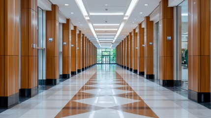 Poster - A long hallway with a lot of wood and tile floors