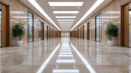 Poster - A long hallway with a white floor and a green plant in the middle