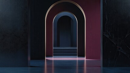Poster - A dark room with a red archway leading to a staircase